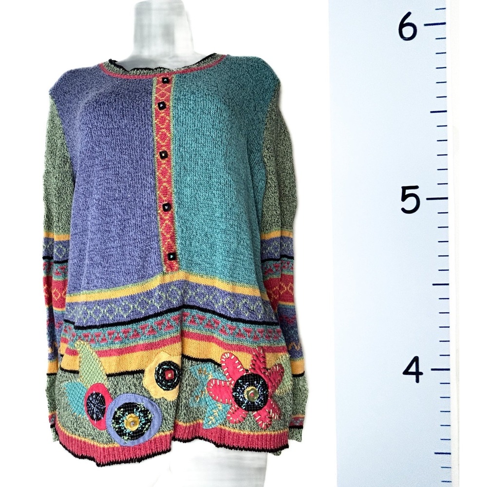 Koret Pastel Colorblock Patchwork Floral Knit Sweater Medium